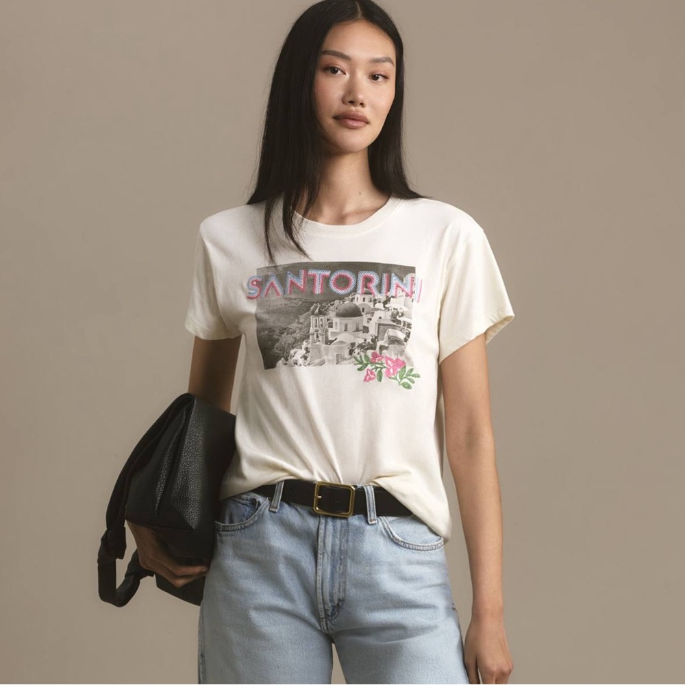 ANTHROPOLOGIE NWT XL Santorini Letluv Embroidered City Graphic Tee • Greece